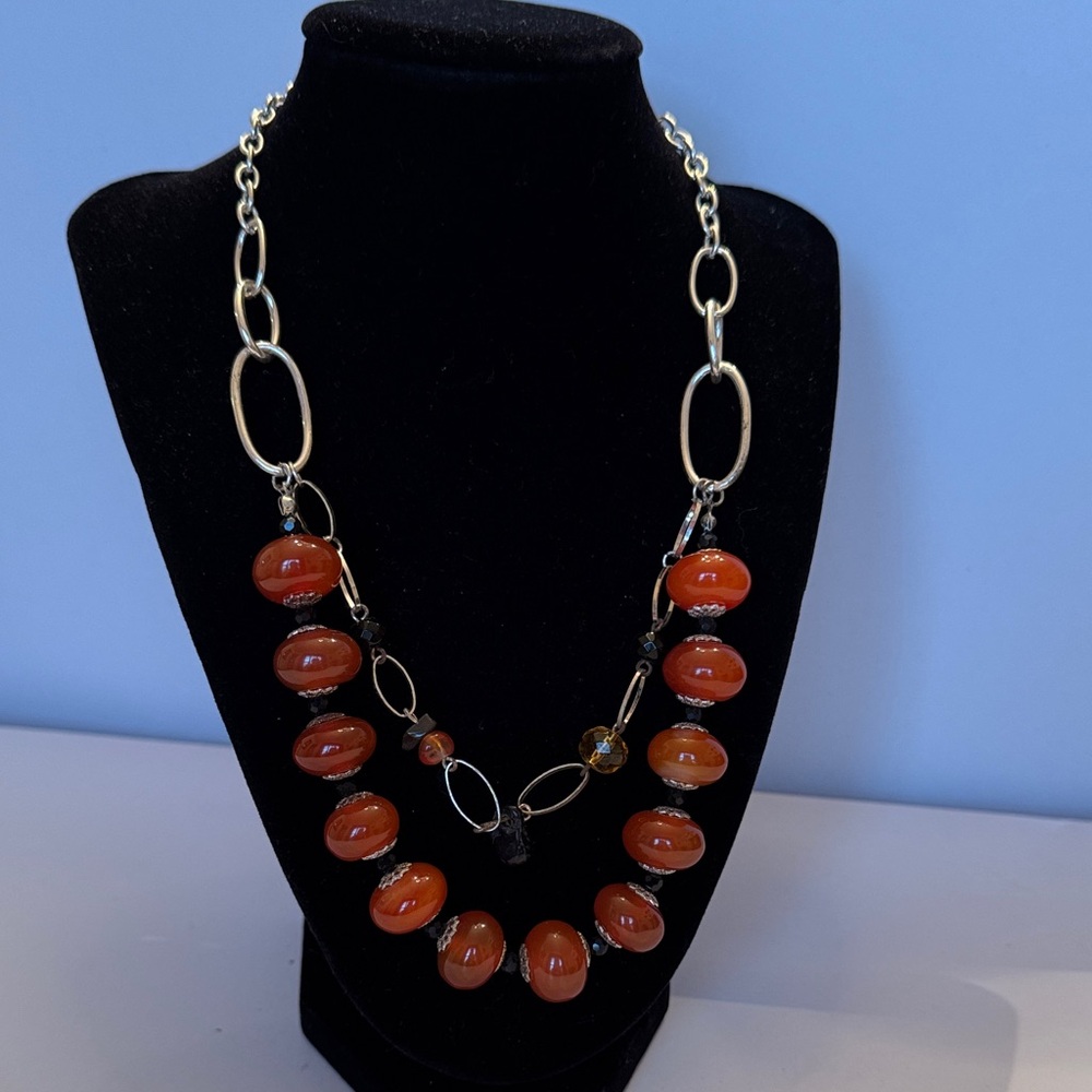 Winnity Orange Carnelian Agate and silver Necklace with black stone accents NWT